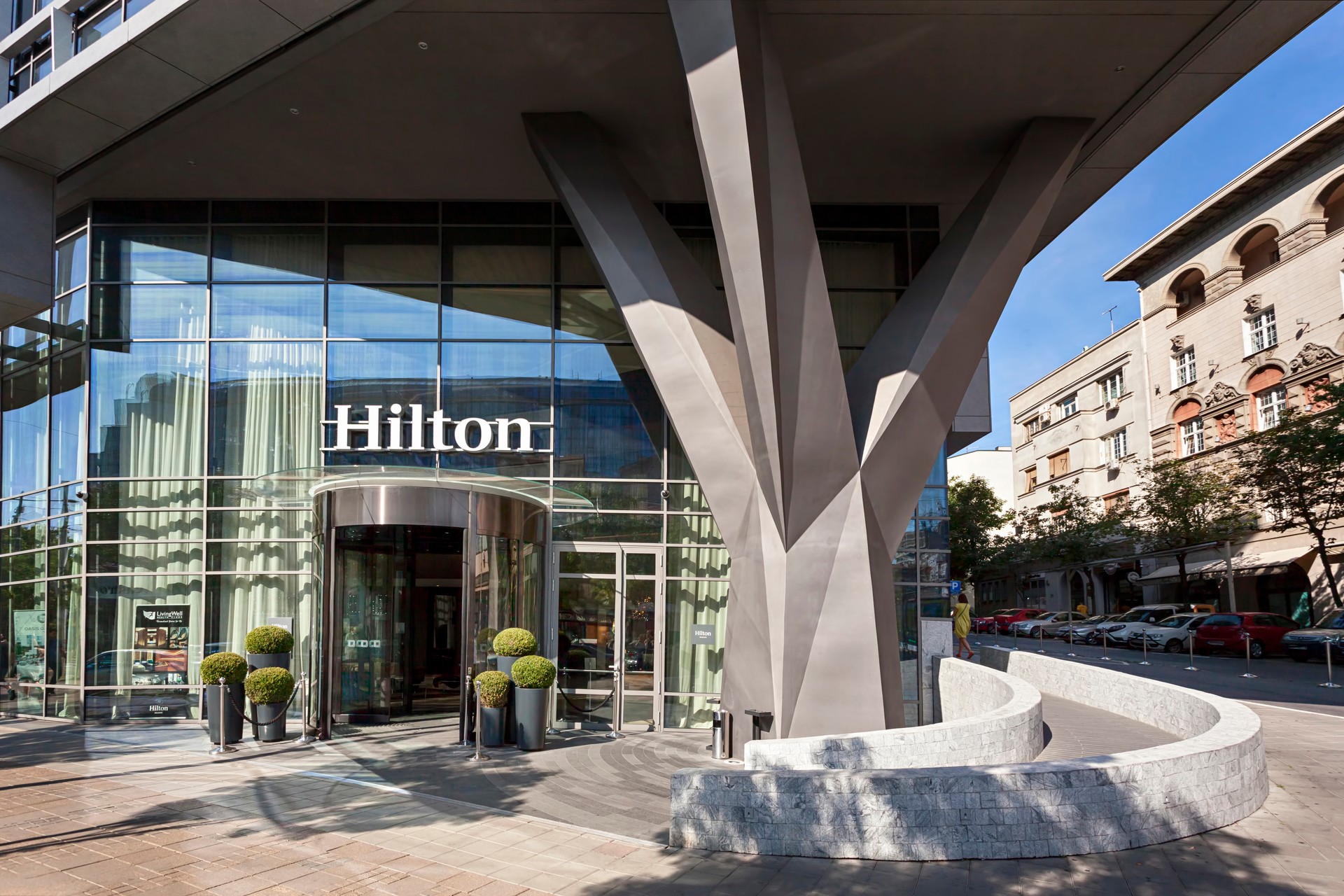 Hilton Hotel, Belgrade, Serbia: July 18, 2019, The sign on a Hilton hotel in center of Belgrade